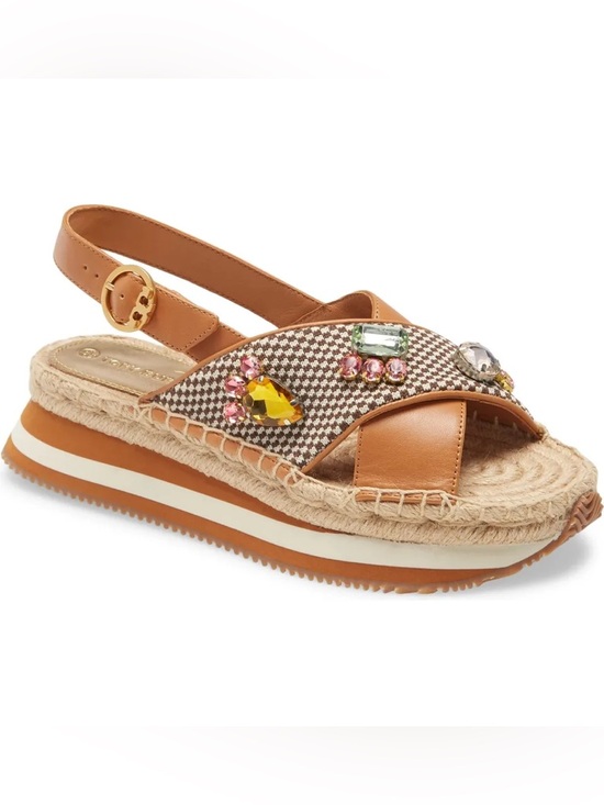Tory Burch Shoes - Tory Burch Brown Daisy Crystal Sandals 9.5 M in Desert Camel Open Toe Espadrille